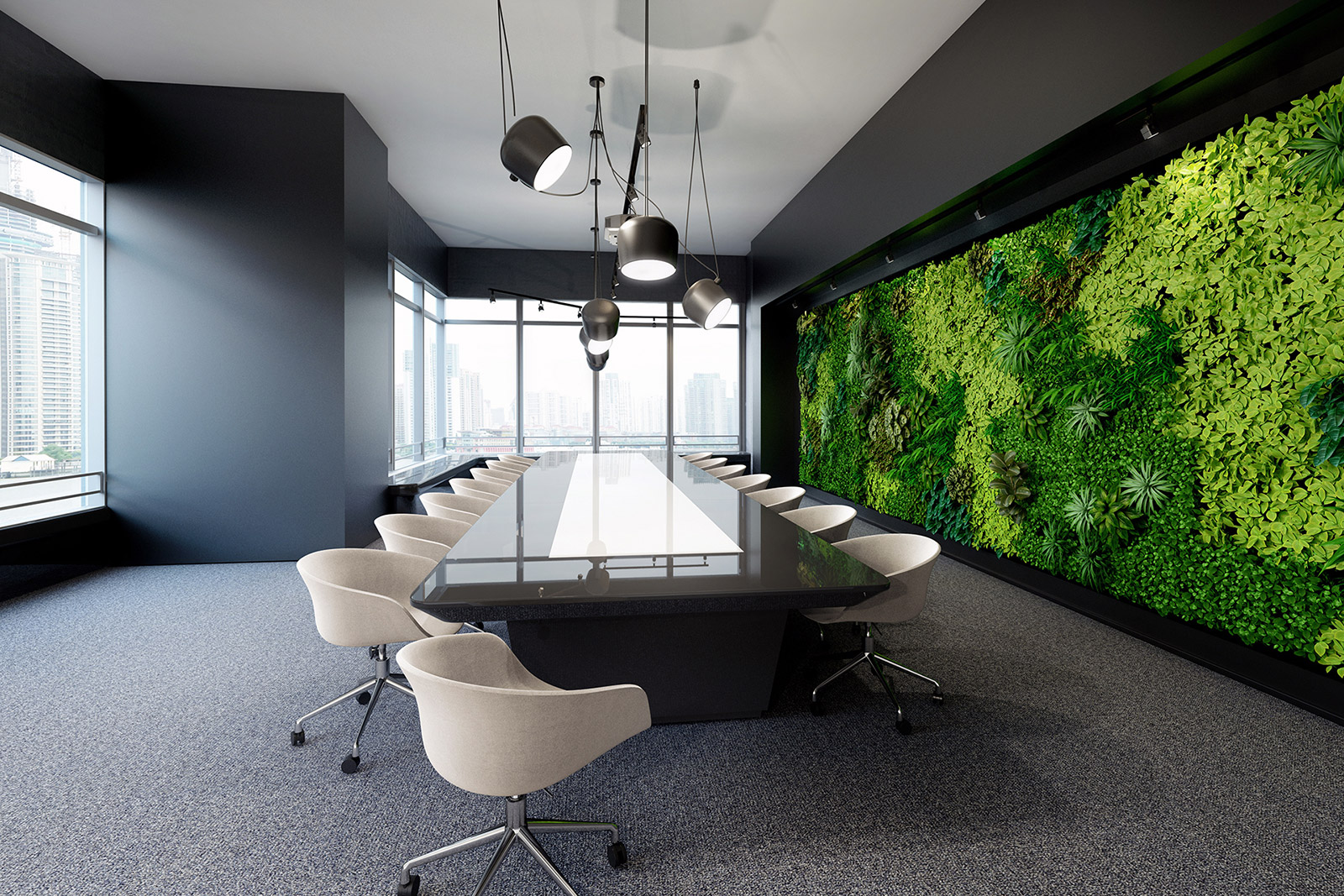 Green Design: parete di verde da interno in una sala riunioni