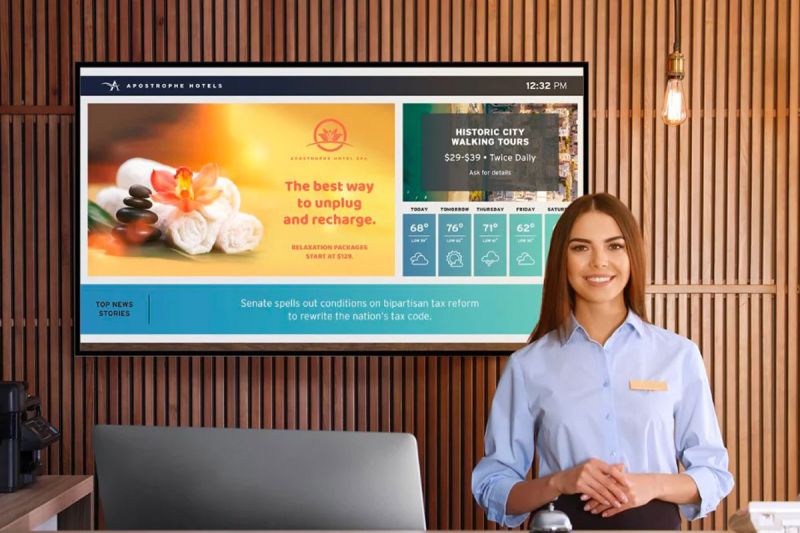 TV display signage dietro il desk della reception di un hotel