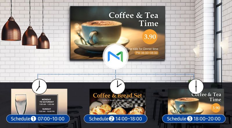 Digital Signage: possibilità di gestire la programmazione dei contenuti trasmessi ai display attraverso il software integrato MagicINFO di Samsung